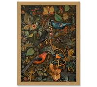 Artery8 Birds and Butterflies on Autumnal Tree Folk Art Artwork Framed Wall Art Print A4