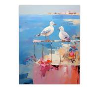 Artery8 Birds By the Beach Abstract Oil Painting Blue Pink Orange Bathroom Artwork Seagulls on Railing Extra Large XL Wall Art Poster Print