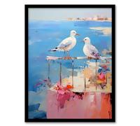 Artery8 Birds By the Beach Abstract Oil Painting Blue Pink Orange Bathroom Artwork Seagulls on Railing Artwork Framed Wall Art Print 18X24 Inch