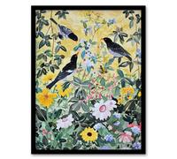 Birds in Blooming Spring Wildflower Field Framed Wall Art Artery8 Yellow A4
