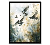 Artery8 Birds in Flight Autumn Watercolour Painting Framed Art Print in Green | Size: A4 Artery8 Green A4