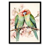 Artery8 Birds Of A Feather Love Birds Perched On A Cherry Bloom Art Print Framed Poster Wall Decor 12x16 inch in Black | Size: W12" x H16" Artery8 Black W12" x H16"