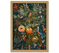 Artery8 Birds on Blooming Peach Tree in Modern Folk Art Artwork Framed A3 Wall Art Print