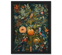 Artery8 Birds on Blooming Peach Tree in Modern Folk Art Artwork Framed Wall Art Print A4
