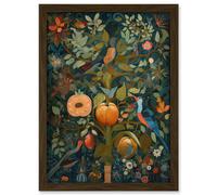 Birds on Blooming Peach Tree in Modern Folk Art Artwork Framed Wall Art Print A4 Artery8 Brown One Size