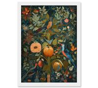 Artery8 Birds on Blooming Peach Tree in Modern Folk Art Artwork Framed Wall Art Print A4
