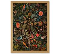 Artery8 Birds on Blooming Trees in Spring Modern Folk Art Artwork Framed Wall Art Print A4