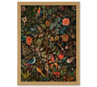 Birds on Blooming Trees in Spring Modern Folk Art Artwork Framed Wall Art Print A4 Artery8 Light Oak One Size
