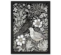 Artery8 Birds on Flower Bed Garden Black and White Linocut Artwork Framed A3 Wall Art Print