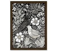 Artery8 Birds on Flower Bed Garden Black and White Linocut Artwork Framed A3 Wall Art Print