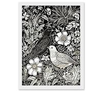 Artery8 Birds on Flower Bed Garden Black and White Linocut Artwork Framed A3 Wall Art Print