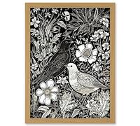 Artery8 Birds on Flower Bed Garden Black and White Linocut Artwork Framed A3 Wall Art Print