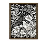 Artery8 Birds on Flower Bed Garden Black and White Linocut Artwork Framed Wall Art Print 18X24 Inch