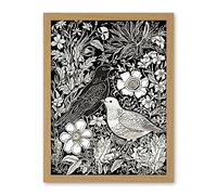 Artery8 Birds on Flower Bed Garden Black and White Linocut Artwork Framed Wall Art Print 18X24 Inch