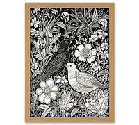 Artery8 Birds on Flower Bed Garden Black and White Linocut Artwork Framed Wall Art Print A4