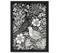 Artery8 Birds on Flower Bed Garden Black and White Linocut Artwork Framed Wall Art Print A4