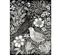Artery8 Birds on Flower Bed Garden Black and White Linocut Extra Large XL Wall Art Poster Print