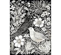 Artery8 Birds on Flower Bed Garden Black and White Linocut Large Wall Art Poster Print Thick Paper 18X24 Inch