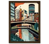 Birmingham City Centre Canal Geometric Cityscape Artwork Framed Wall Art Print A4 Artery8 Brown One Size