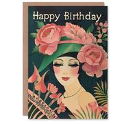 Artery8 Birthday Card 1920's Style Floral Portrait For Her Gran Sister Niece Daughter Wife Woman Greeting Card