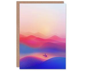 Artery8 Birthday Card Abstract Lake Canoe Pink Blue Landscape Sunrise Blank Arty Art All Occasion Greeting Card