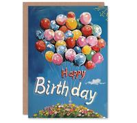 Artery8 Birthday Card Balloon Bundle Spring Wildflower Hill Painting For Her Gran Sister Niece Daughter Wife Woman Greeting Card