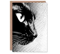 Artery8 Birthday Card Black and White Pop Art Cat Comic Animal Lover For Him Her Man Woman Girl Boy Wife Husband Greeting Card