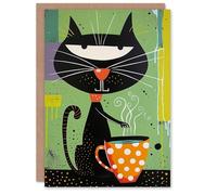 Artery8 Birthday Card Black Cat Lover Coffee Cute Fun Cartoon For Her Gran Sister Niece Daughter Wife Woman Greeting Card
