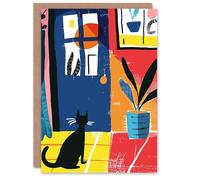 Artery8 Birthday Card Black Cat Lover Pet Waiting By Door Fun Painting Blank Arty Art All Occasion Greeting Card