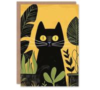 Artery8 Birthday Card Black Cat Pet Plant Lover Garden Yellow Botanical Blank Arty Art All Occasion Greeting Card Personalised