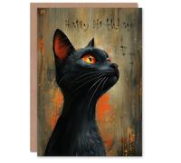 Artery8 Birthday Card Black Cat Portrait Glowing Eyes Magic Comic Artwork For Him Her Man Woman Girl Boy Wife Husband Greeting Card Personalised