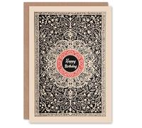 Artery8 Birthday Card Black Red Floral Arabesque Pattern For Him Man Male Dad Brother Son Papa Grandad Greeting Card
