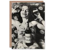 Artery8 Birthday Card Black White Floral Pattern Happy Wine Lover For Her Gran Sister Niece Daughter Wife Woman Greeting Card
