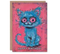 Artery8 Birthday Card Blue Cat Lover Kitty Pet Cartoon Cute For Child Kids Son Daughter Greeting Card