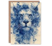 Artery8 Birthday Card Blue Chinese Porcelain Floral Lion Head For Him Man Male Dad Brother Son Papa Grandad Greeting Card