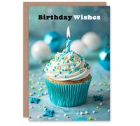 Artery8 Birthday Card Blue Cupcake Candle Wishes For Her Gran Sister Niece Daughter Wife Woman Greeting Card
