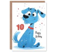 Artery8 Birthday Card Blue Dog Lover Puppy Cartoon Cute 10th 10 Year Old For Child Kids Son Daughter Greeting Card