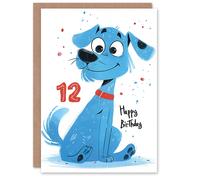 Artery8 Birthday Card Blue Dog Lover Puppy Cartoon Cute 12th 12 Year Old For Child Kids Son Daughter Greeting Card