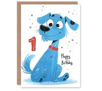 Artery8 Birthday Card Blue Dog Lover Puppy Cartoon Cute 1st First One Year Old For Child Kids Son Daughter Greeting Card