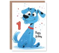 Artery8 Birthday Card Blue Dog Lover Puppy Cartoon Cute 1st First One Year Old For Child Kids Son Daughter Greeting Card Artery8 Blue