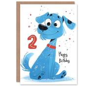 Artery8 Birthday Card Blue Dog Lover Puppy Cartoon Cute 2nd 2 Year Old For Child Kids Son Daughter Greeting Card