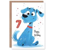 Artery8 Birthday Card Blue Dog Lover Puppy Cartoon Cute 7th 7 Year Old For Child Kids Son Daughter Greeting Card