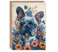 Artery8 Birthday Card Blue French Bulldog Dog in Wildflowers Floral Animal Lover For Him Her Man Woman Girl Boy Wife Husband Greeting Card