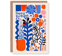 Artery8 Birthday Card Bright Blue Red Scandi Plant Cactus Floral Artwork For Him Her Man Woman Girl Boy Wife Husband Greeting Card