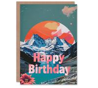 Artery8 Birthday Card Bright Sunset Over Mountains River Retro For Him Man Male Dad Brother Son Papa Grandad Greeting Card