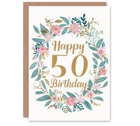 Artery8 Birthday Card Bright Vintage Floral Watercolour Design 50th Age 50 Years Old For Her Woman Wife Sister Niece Daughter Greeting Card