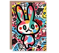Artery8 Birthday Card Bunny Rabbit Cartoon Colourful Graffiti Style For Son Daughter Girl Boy Kids Happy Card