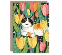 Artery8 Birthday Card Cat Lover Calico Kitty in Tulip Flower Field For Her Gran Sister Niece Daughter Wife Woman Greeting Card