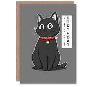 Artery8 Birthday Card Cat Lover Cute Kawaii Style Black Kitty Cartoon For Her Gran Sister Niece Daughter Wife Woman Greeting Card