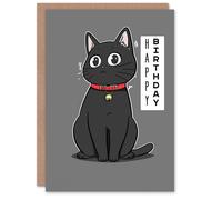 Artery8 Birthday Card Cat Lover Cute Kawaii Style Black Kitty Cartoon For Her Gran Sister Niece Daughter Wife Woman Greeting Card